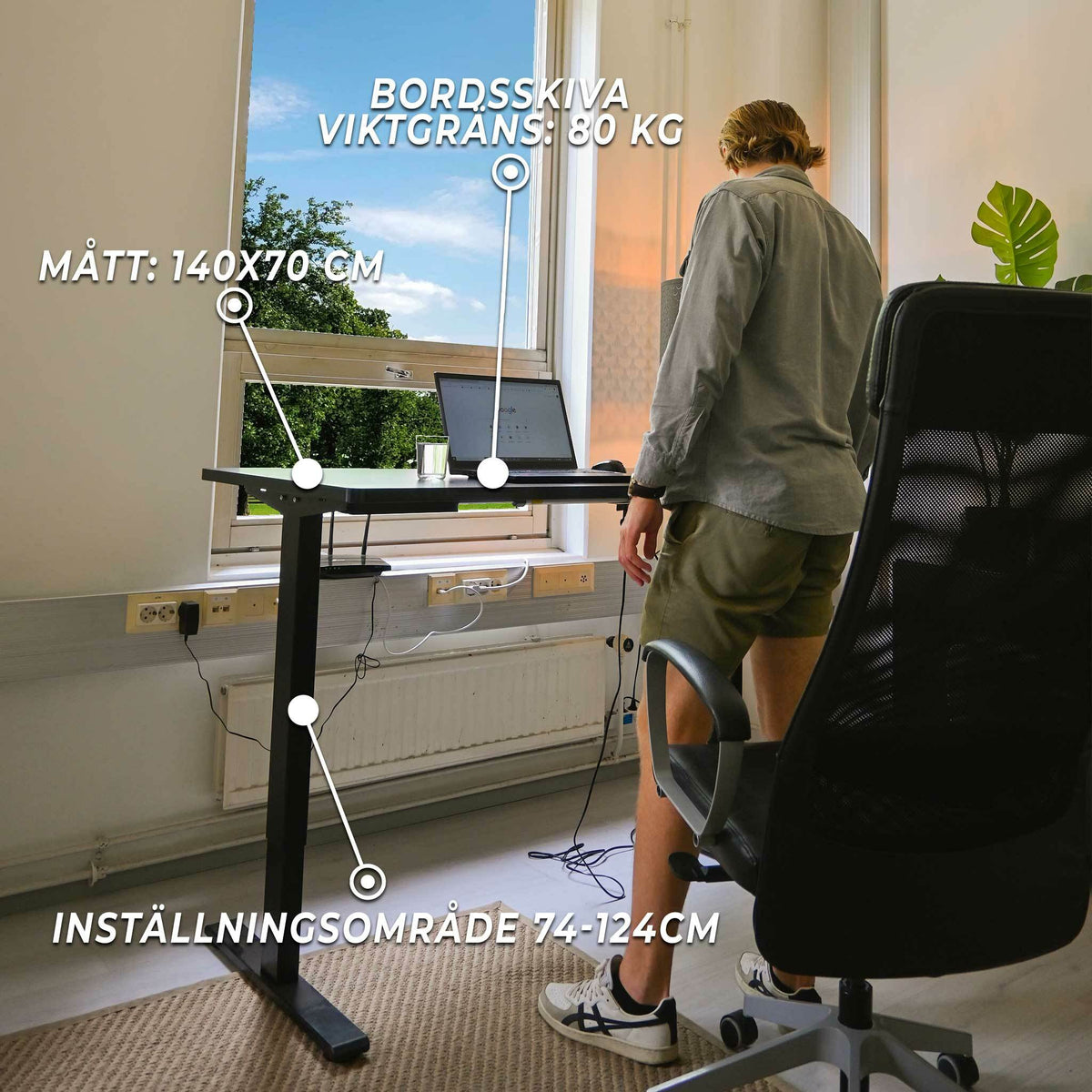 Lykke höj och sänkbart skrivbord M100, svart, 140 x 70 cm