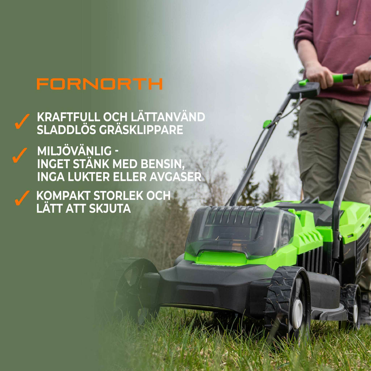 
              Fornorth Batteridriven Gräsklippare GH1000e, 20V, innehåller batteri och laddare
