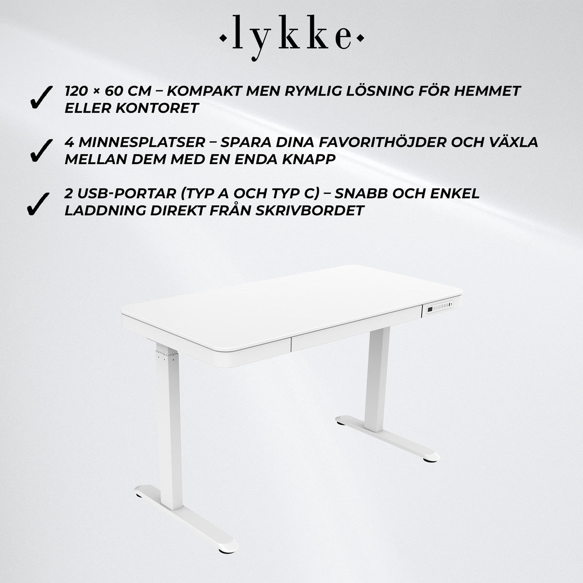 
              Lykke Elektriskt höj och sänkbart skrivbord 120x60cm Polar, vit