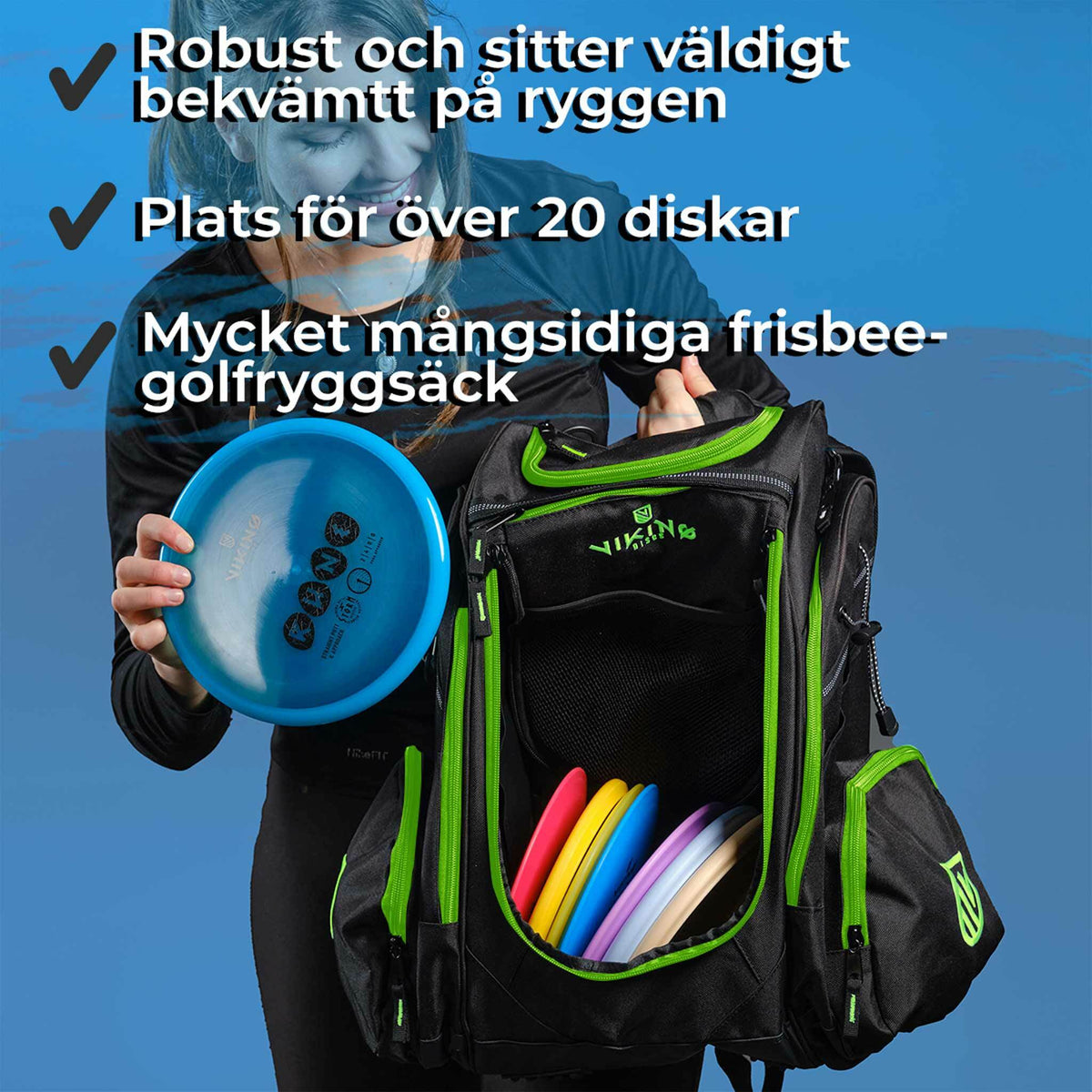 
              Viking Discs Rucksack Pro Frisbeegolf ryggsäck, svart/lime