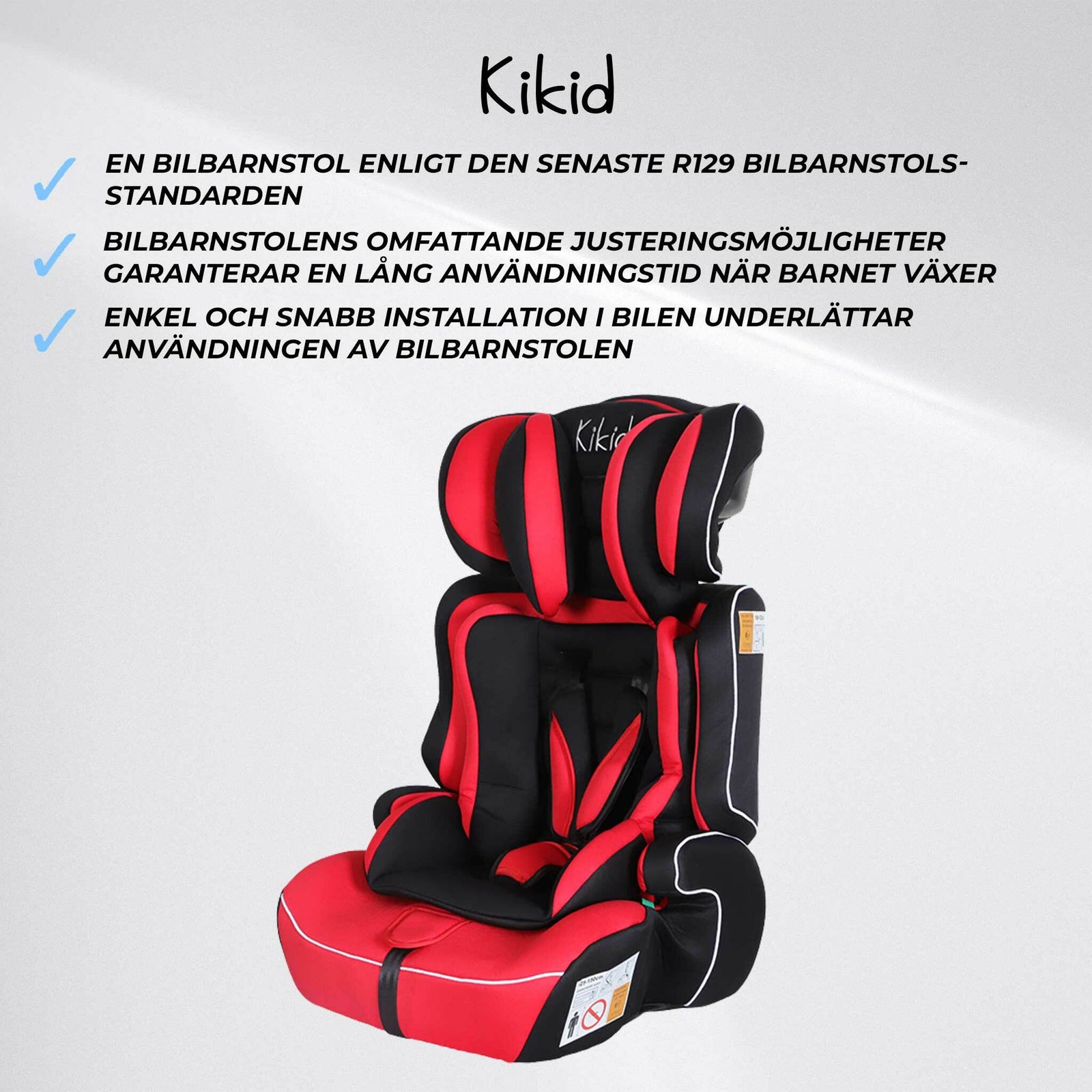 Kikid Bilbarnstol Basic 76-150cm R129, svart röd