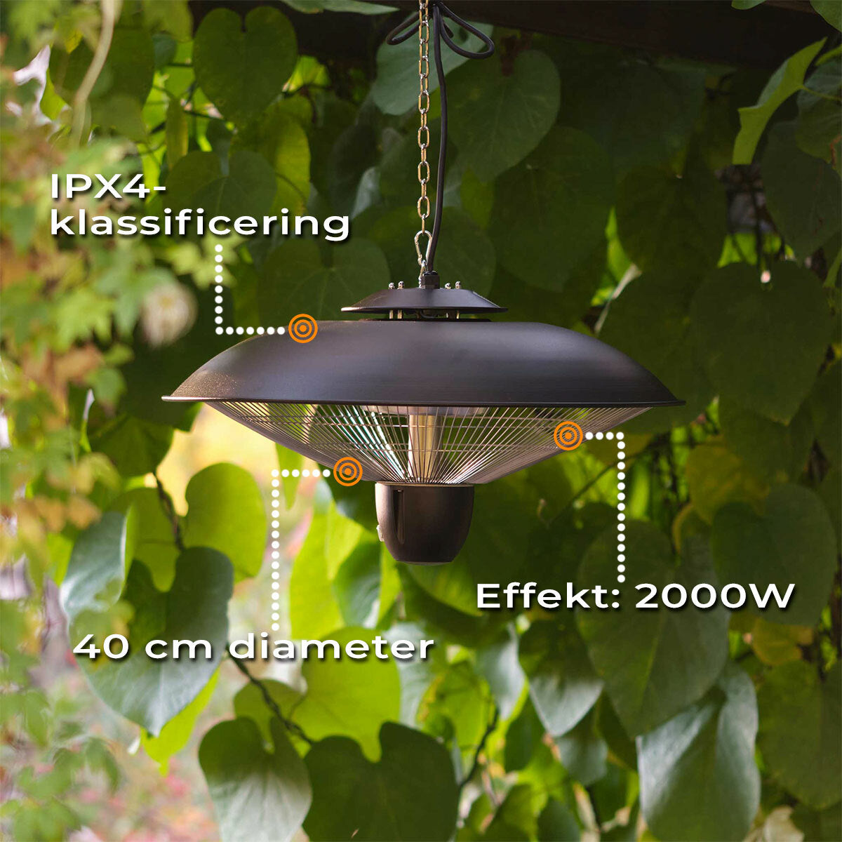 
              Fornorth Terrassvärmare hängande 2000W fjärrkontroll, svart