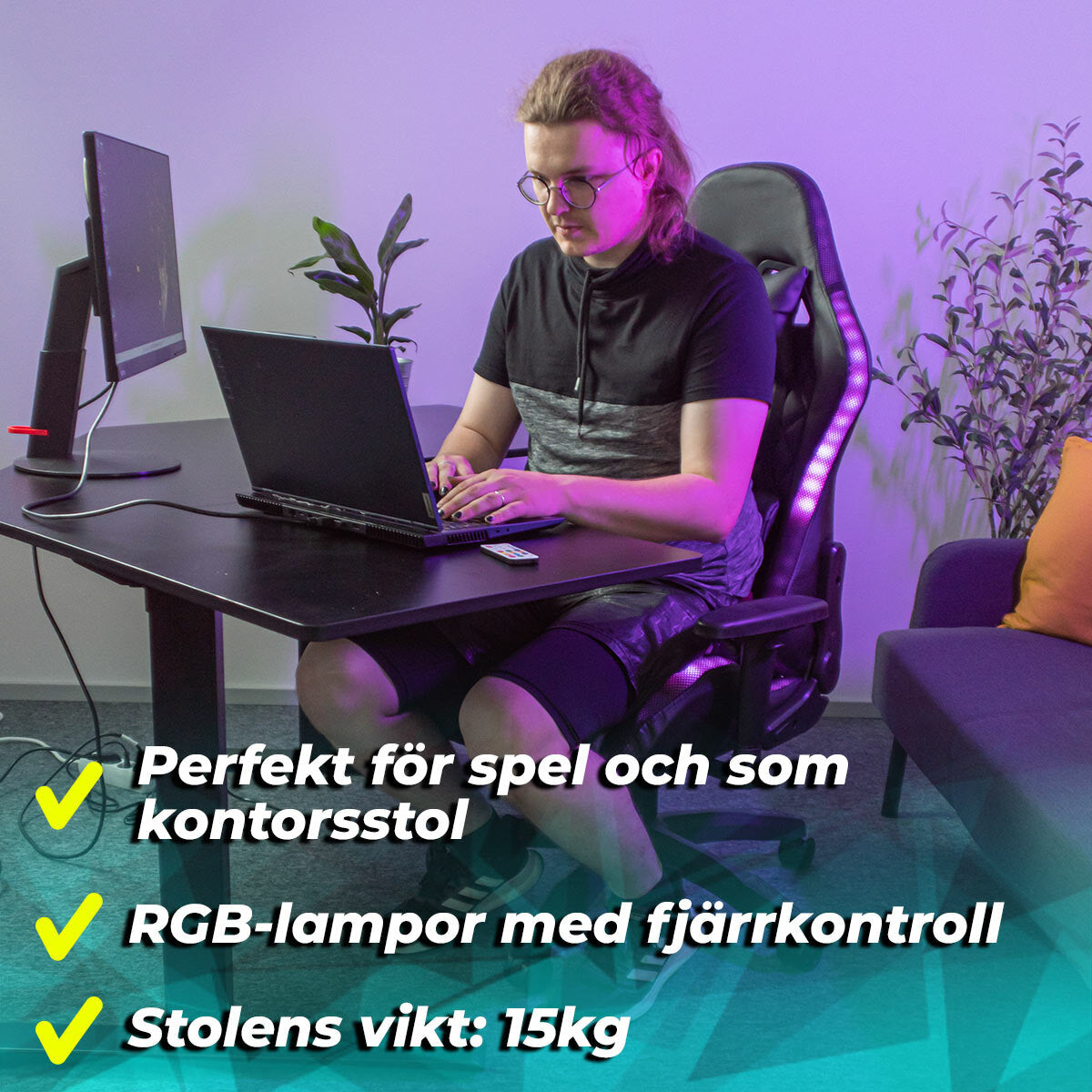 
              Kuura Gaming gamingstol RGB, svart