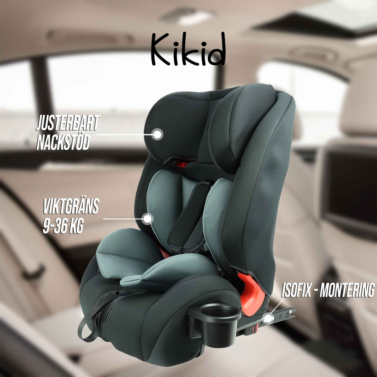 
              Kikid Bilbarnstol, ISOFIX, 9-36 kg