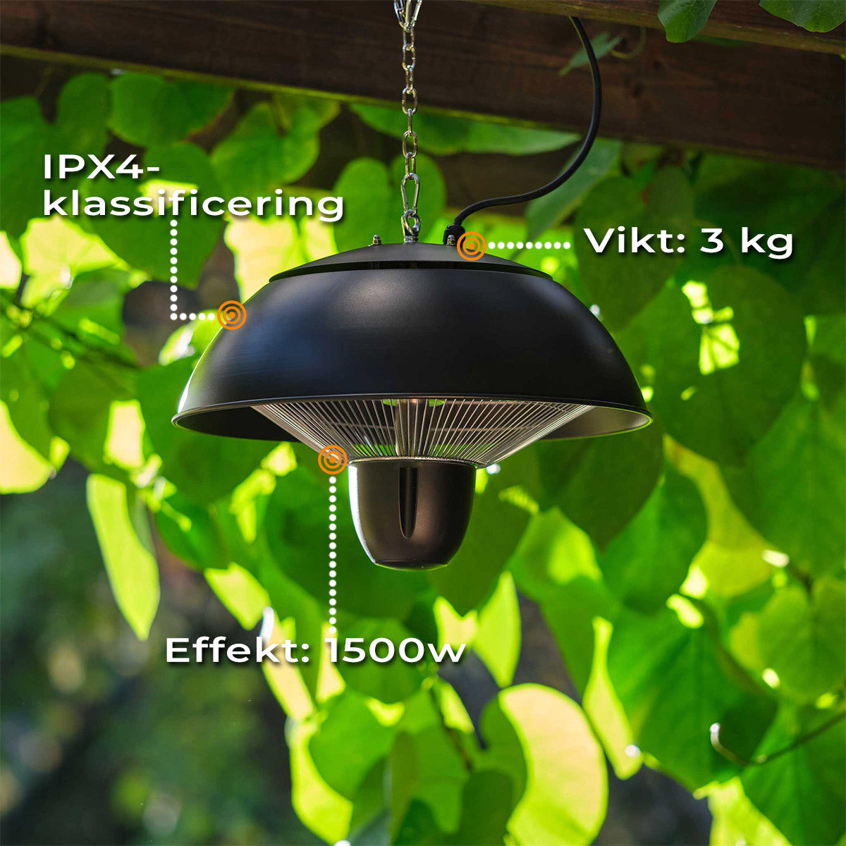 
              Fornorth Terrassvärmare hängande 1500W fjärrkontroll, svart