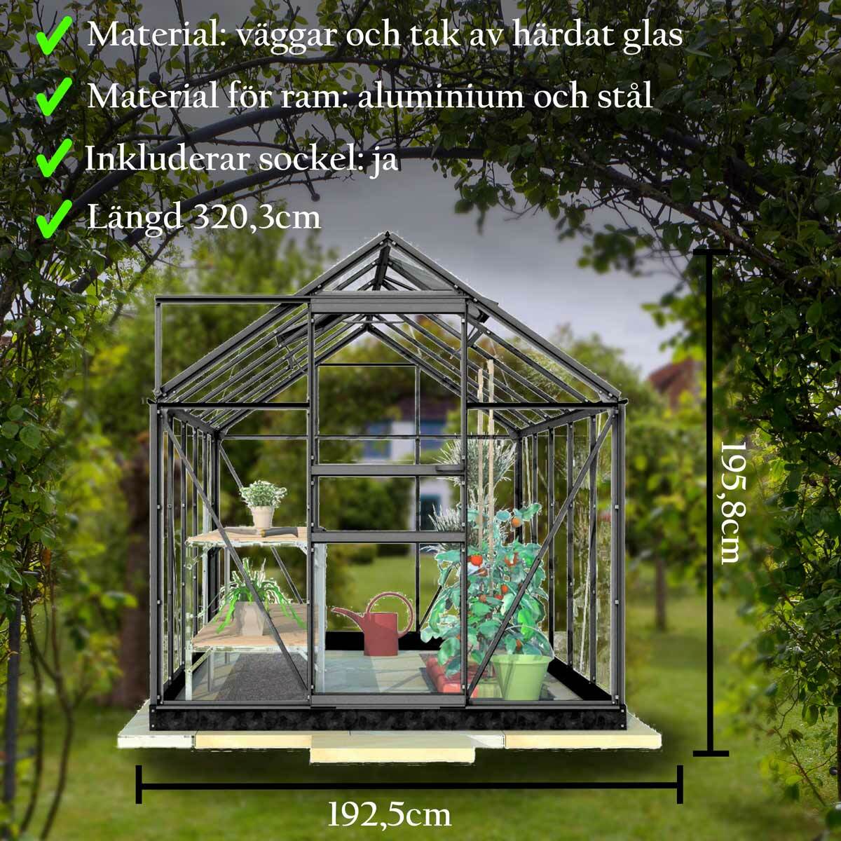 
              Lykke Växthus Glas 6,2m2, svart