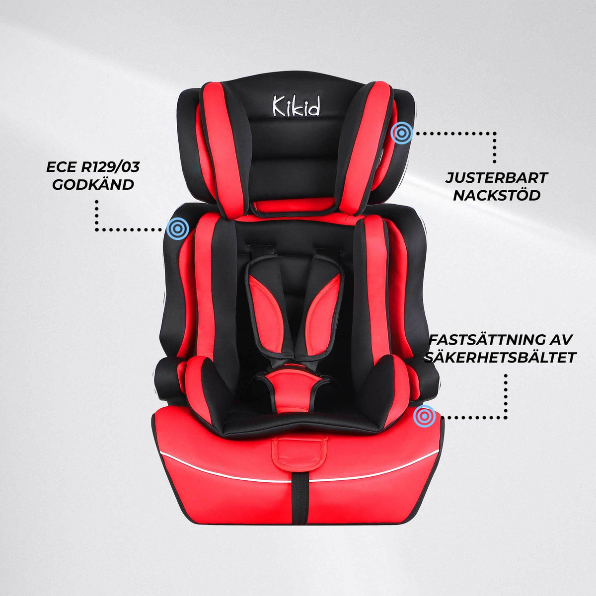 
              Kikid Bilbarnstol Basic 76-150cm R129, svart röd