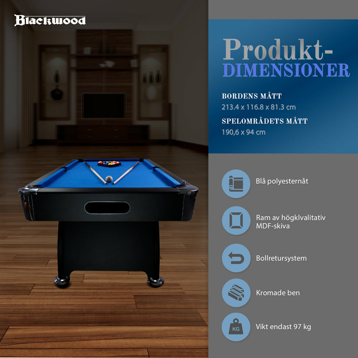 
              Biljardbord Blackwood Official 7’ Svart