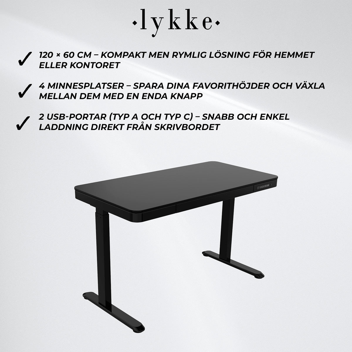 Lykke Elektriskt höj- och sänkbart skrivbord 120x60cm Polar, svart