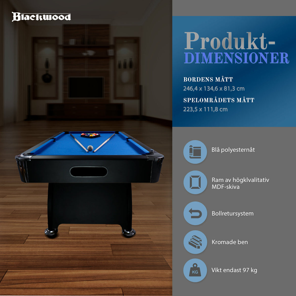 
              Biljardbord Blackwood Official 8’ Svart