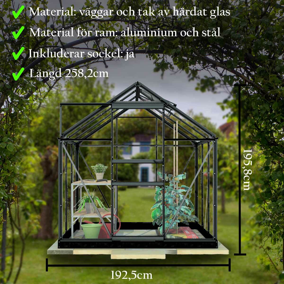 
              Lykke Växthus Glas 5m2, svart