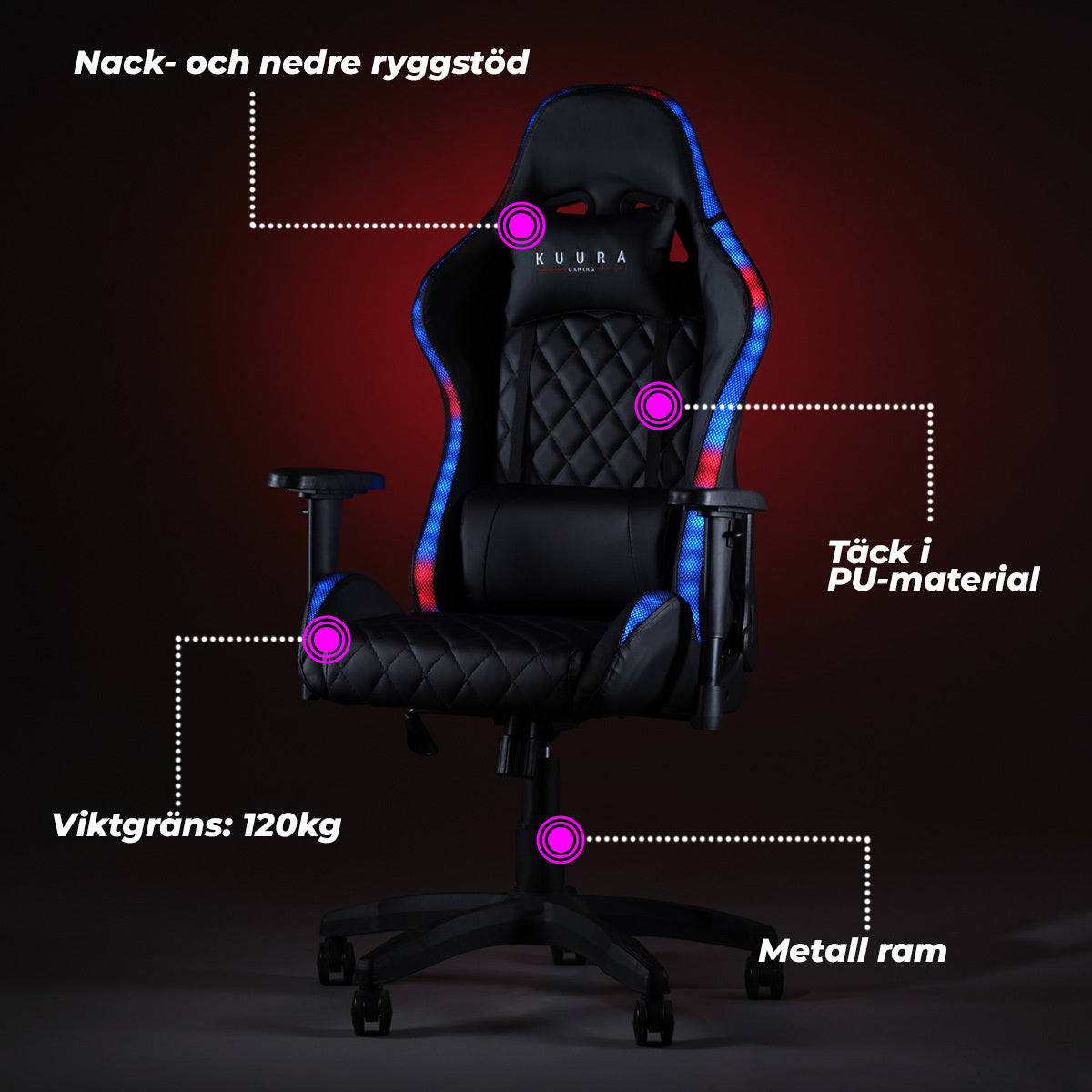 
              Kuura Gaming gamingstol RGB, svart