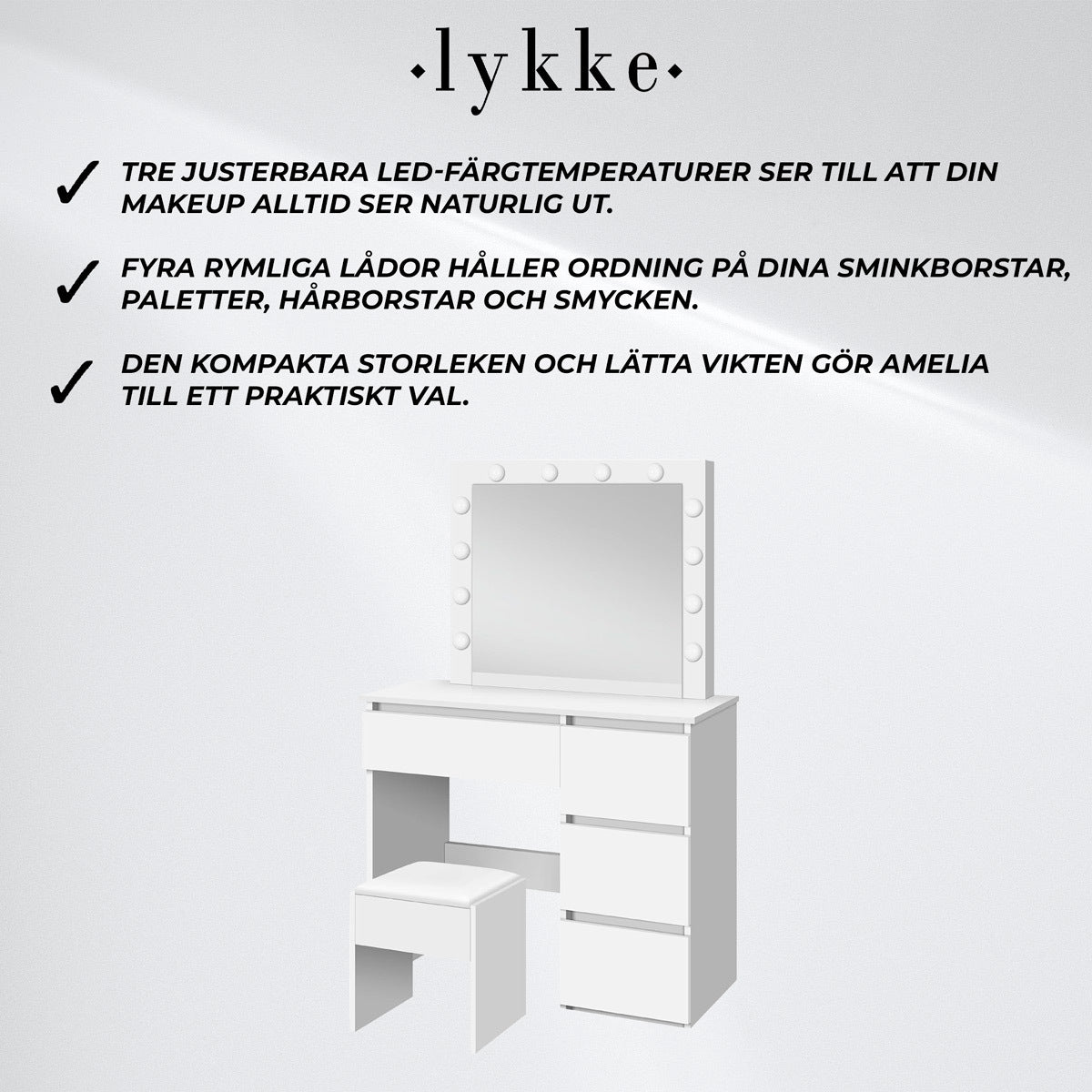 Lykke Sminkbord med belysning Amelia 94cm, vit
