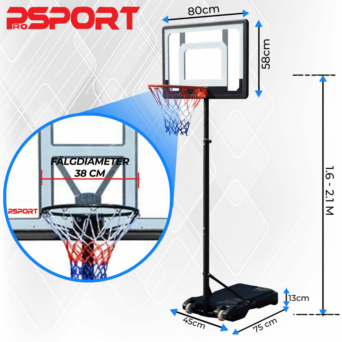
              ProSport barn basketkorg 1,6-2,1m