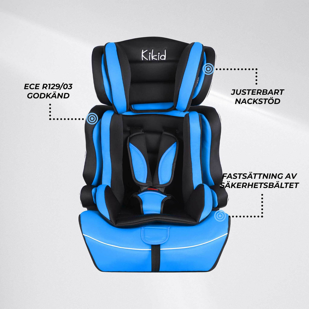 
              Kikid Bilbarnstol Basic 76-150cm R129, svart blå