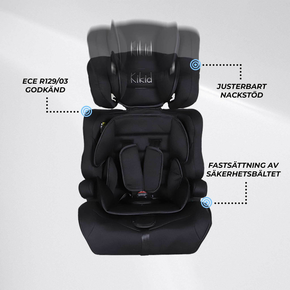 
              Kikid Bilbarnstol Basic 76-150cm R129, svart