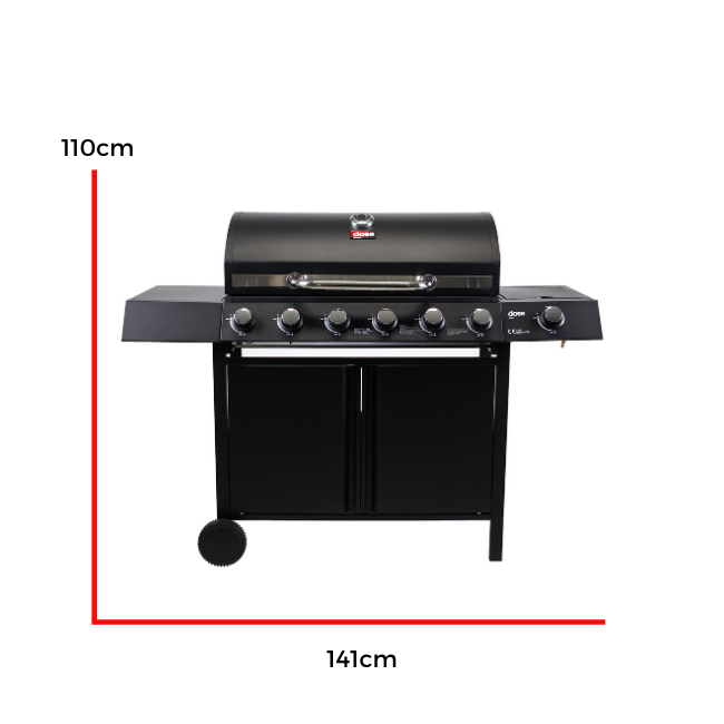 
              DOSE Gasolgrill BARBEQUE, 6+1-brännare, svart, 141x110x53,5cm