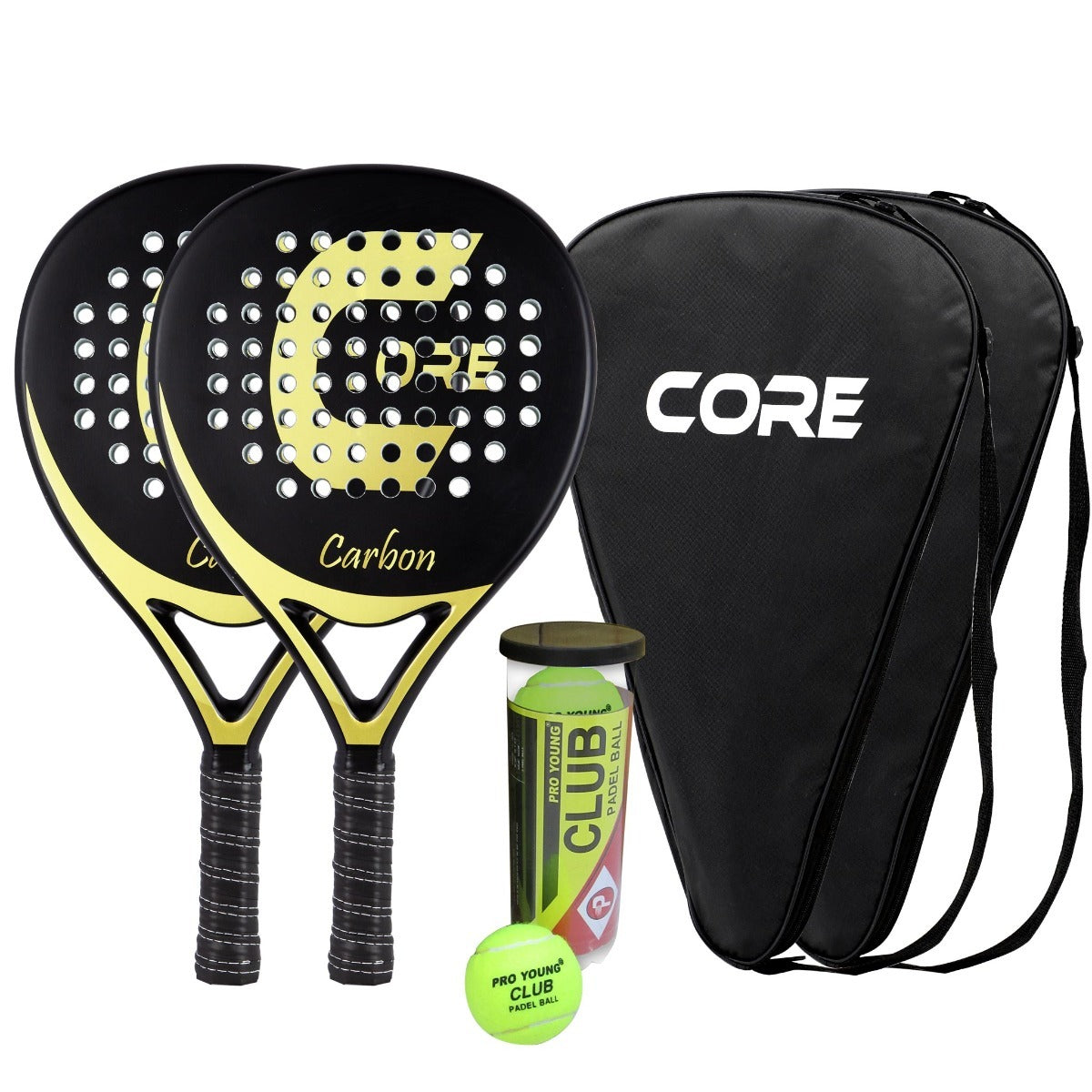 
              Core padelracket Carbon set, 2 racketar och bollar