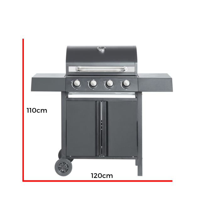 DOSE Gasolgrill BARBEQUE, 4 brännare svart, 120x110x53cm